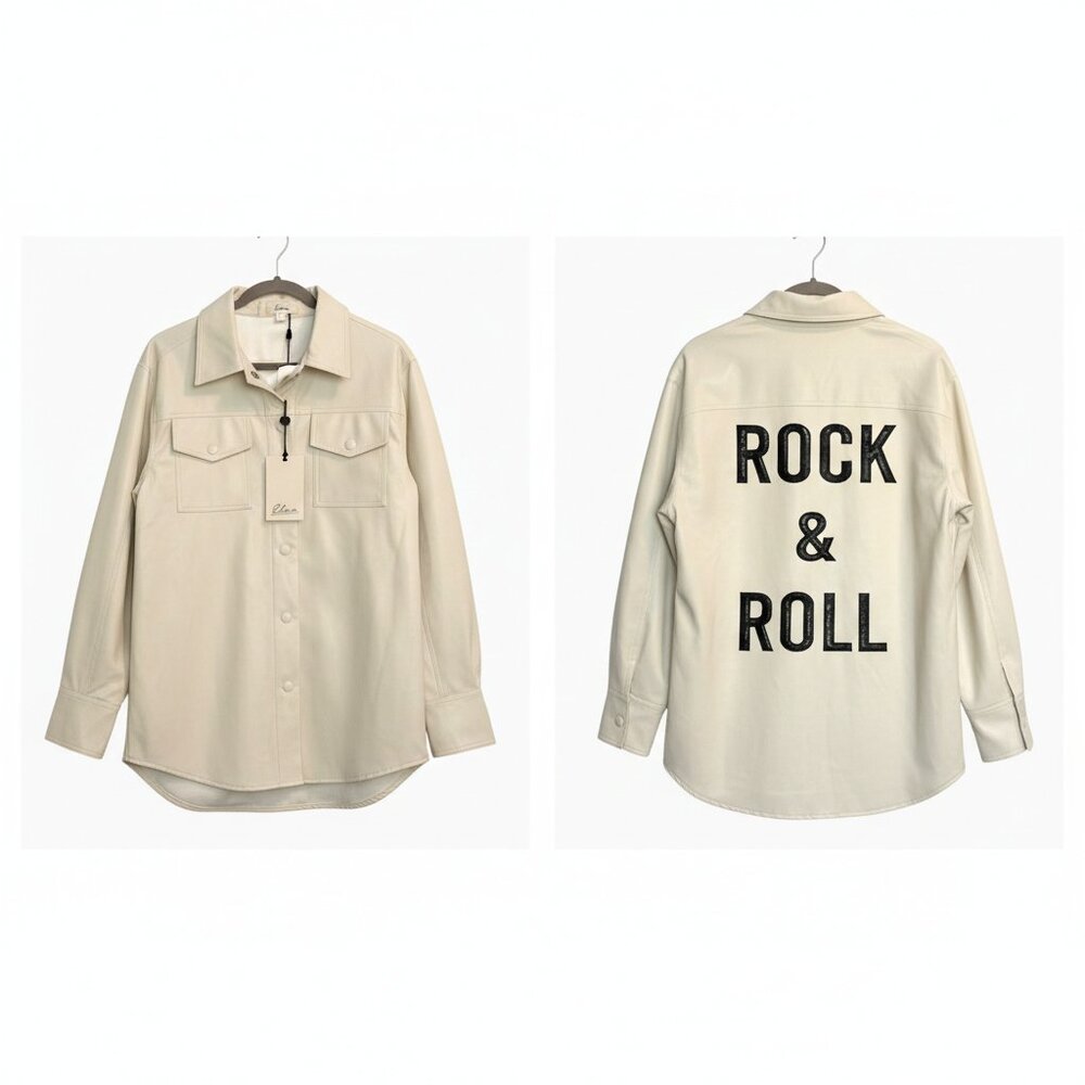 ELAN Rock & Roll Oversized Vegan Leather Shirt Shacket Cream Women's Size L